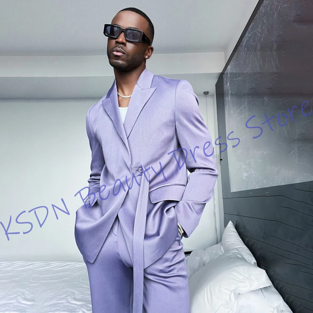 

Trendy Men's Light Purple Suits Two Pieces (Jacket+Pants) Set Slim Belted Blazer Casual Formal Party Stylish Gentleman Outfit