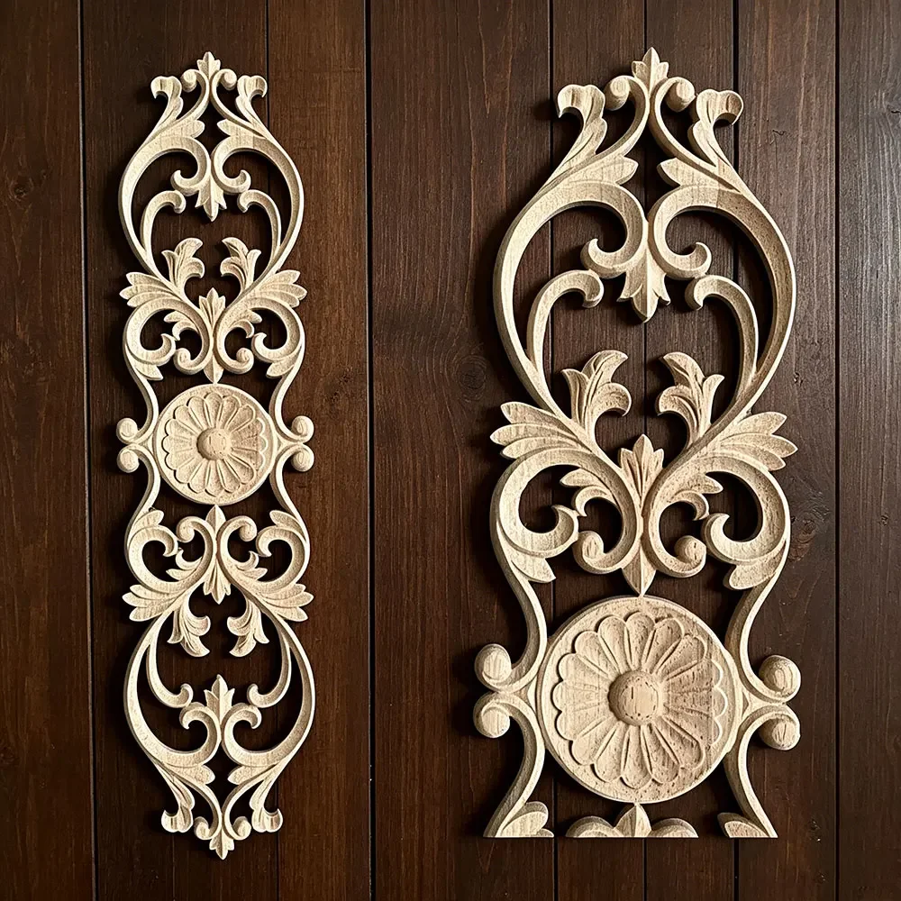 2PCS 40-48cm Wood Carved Appliques Corner Onlay Furniture Decal Wall Vintage Decoration Door Headboard Dresser Cabinet Bed Stair