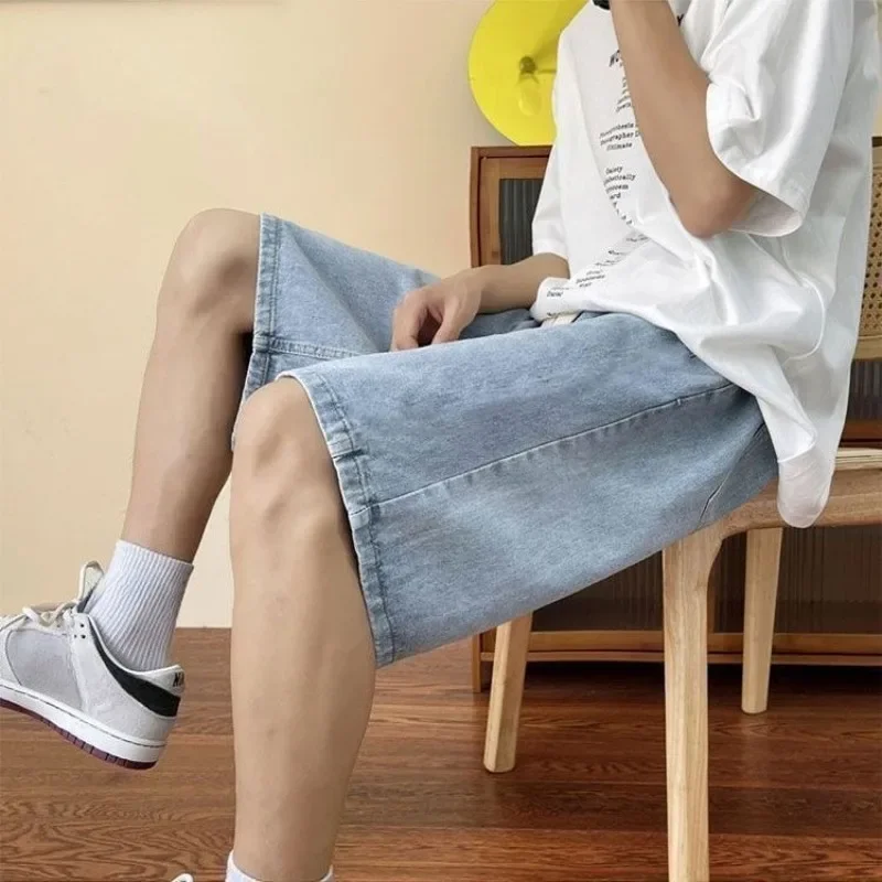 

Baggy Wide Loose Bermuda Half Long Men's Short Jeans Pants with Pockets Drawstring Big Size Oversize Male Denim Shorts Cut Thin