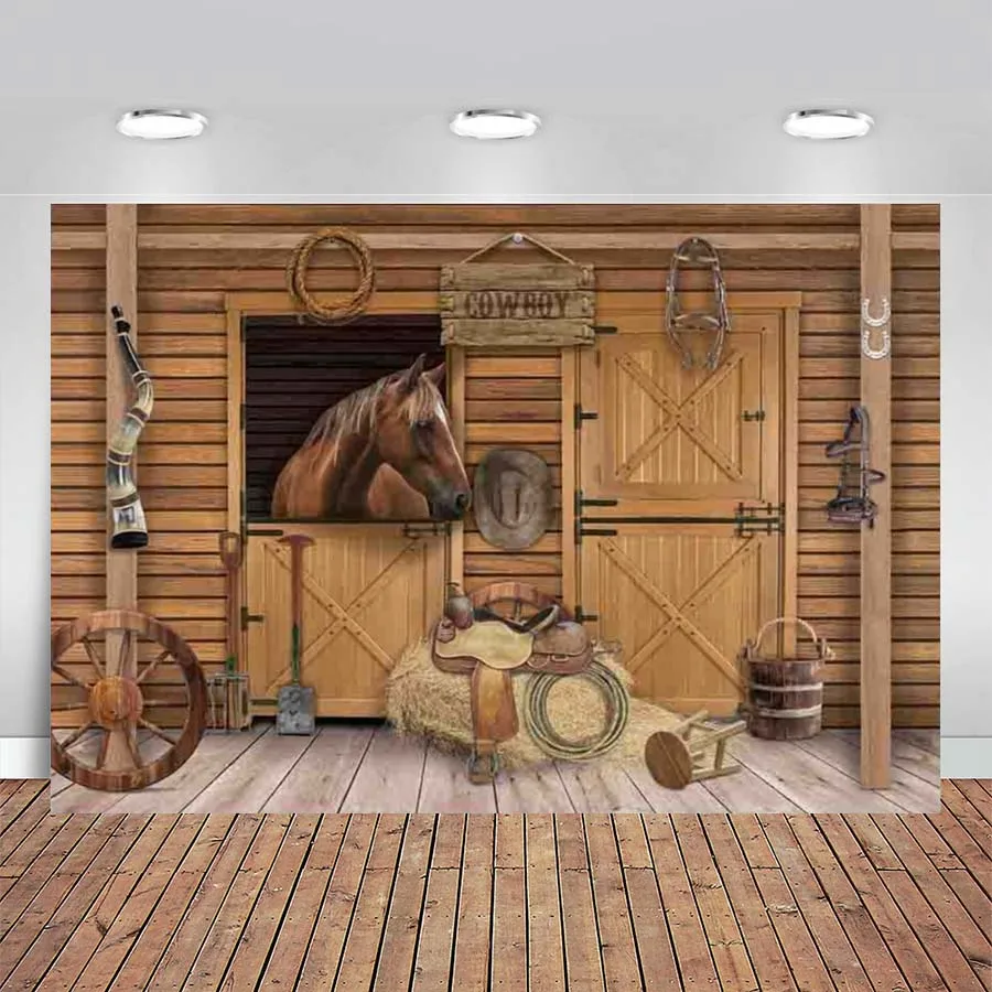 

Western Cowboy Photography Background Horse Rustic Farm Wood Barn Door Kids Birthday Party Decor Backdrop Photo Studio