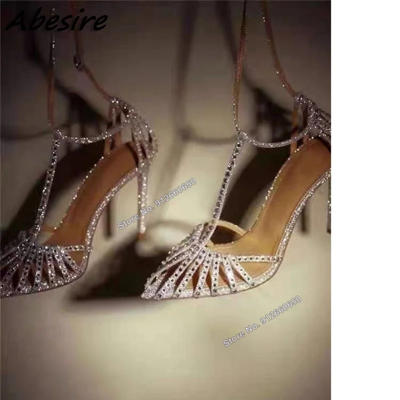 Abesire T-strap Crystal Sandals for Women Ankle Strap Silver Bling Stilettos High Heels Women Shoes on Heels New Wedding Shoes