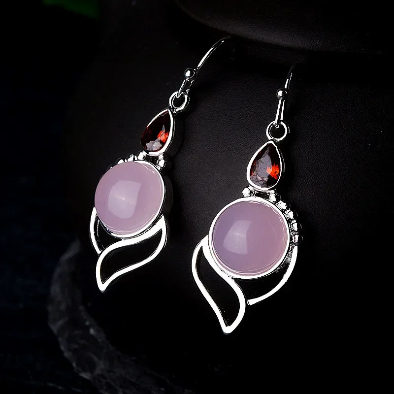 Natural Pink Chalcedony Carving Peacock Earrings Fashion Personality Boutique Jewelry Men's and Women's AgateEarrings