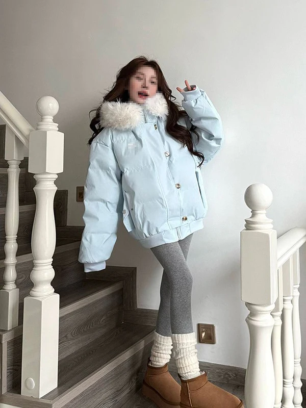 

Warm Blue Hooded Cotton Jacket with Fur Collar Button Design Loose Casual Stylish College Sweet Style Thickened Winter Coat