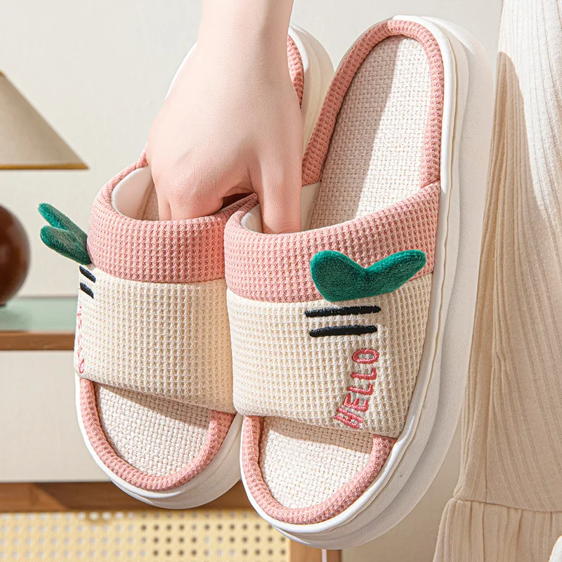 New Style Linen Slippers for Women Indoor Home Four Seasons Couples Non Slip Breathable Comfortable Floor House Slippers view 3
