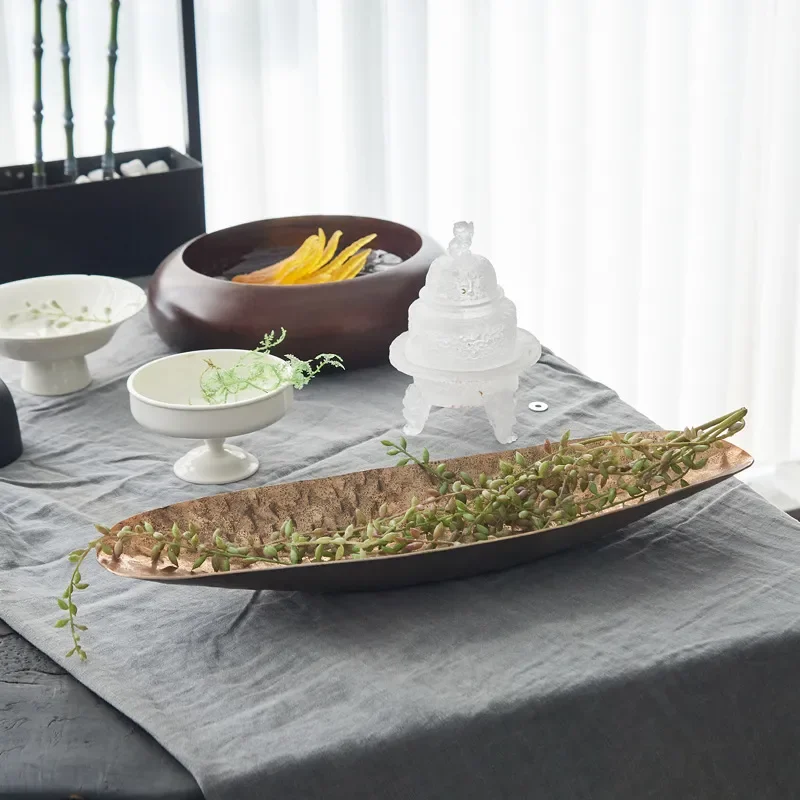 Modern Luxury Aluminum Metal Tray Gold Silver Bark Texture Long Boat Shape Fruit Plate Home Decor Ornament for Living Room