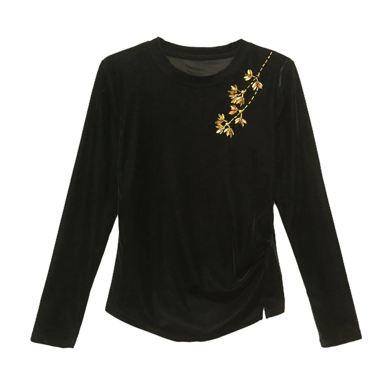 

Black,Korean,Style,Velvet,T-Shirt,Chic,Sexy,New Chinese-style,O-Neck,Shiny,Beading,Flower,Women,Tops,Long Sleeve,Tees,583003