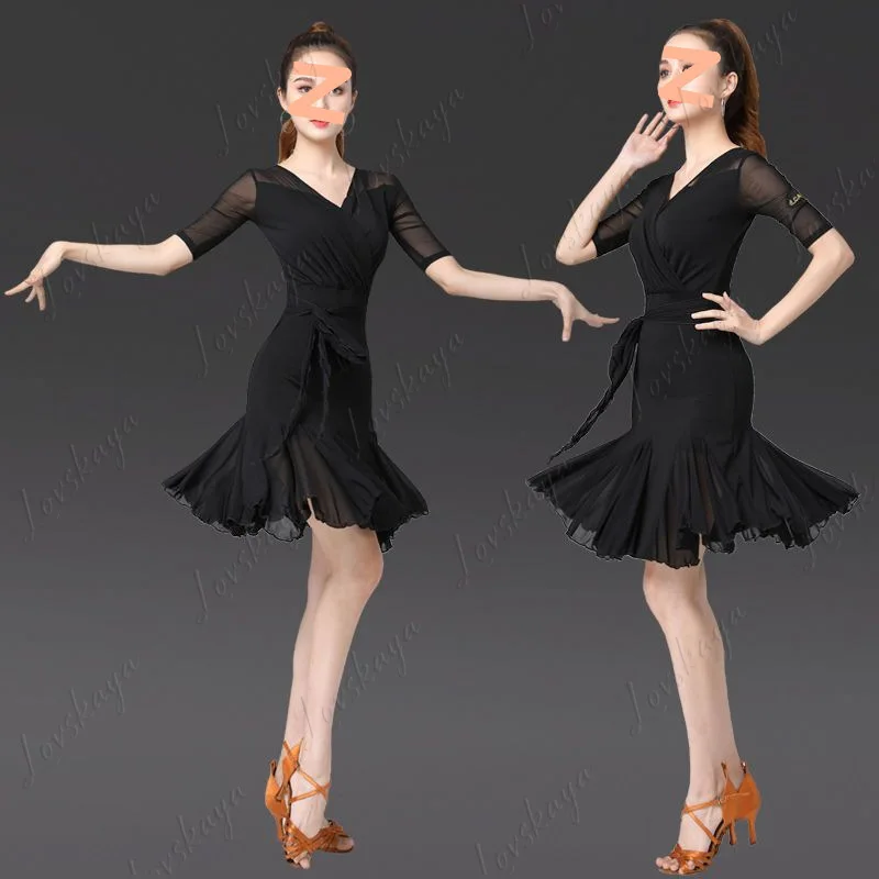 Odzież do tańca latynoamerykańskiego, nowa, dopasowana, z krótkim rękawem, do ćwiczeń tanecznych.