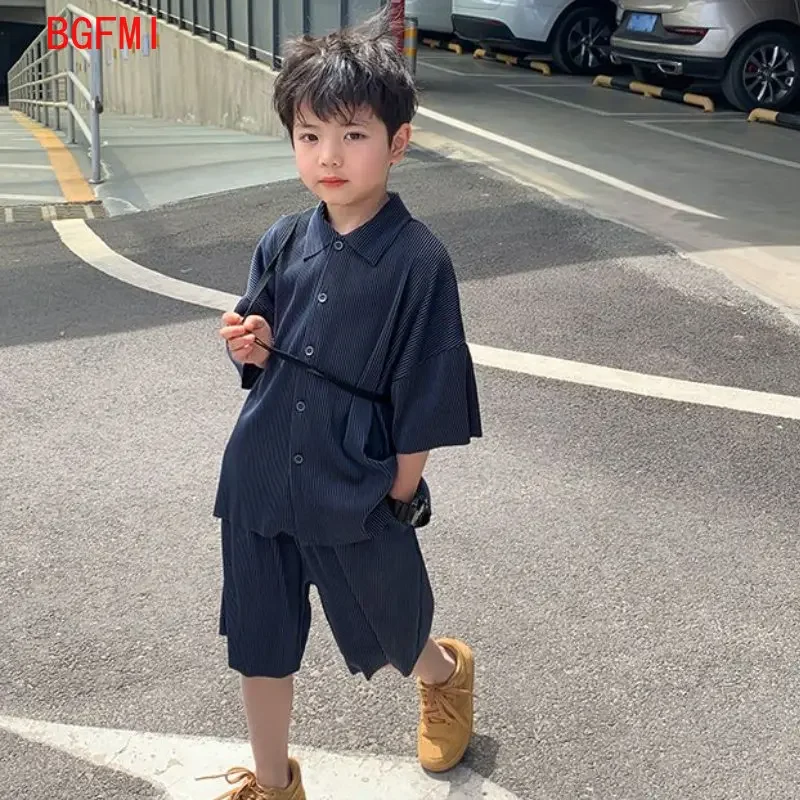 Summer korean Teenagers Boys Thin Ribbed Loose Clothes Set Shirt+Shorts 2PCS Casual Short Sleeve Children\'s Sets 2-12Y