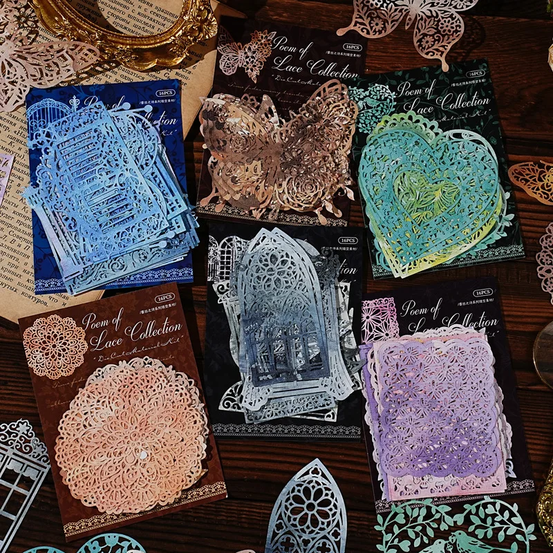 16pcs Vintage Lace Hollow-out Scrapbook Stickers Cute Phone Case and Journal Diy Handbook Material School Office Supplie