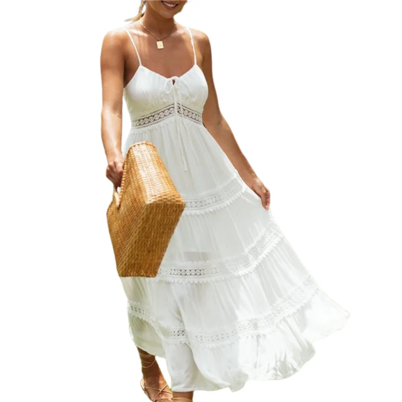 فستان FX-Women's Boho Crochet Lace Maxi بلون سادة للعطلات الصيفية وحزام سباغيتي فستان طويل