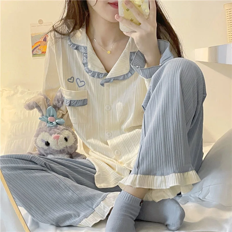 Ms. Korean Version of The Sweet Net Red Live Long-sleeved Pajamas Homewear    Ms. Small Love Lace Pockets Student Women\'s Female