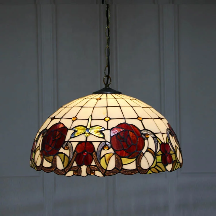 16-Inch Rose Design Tiffany Style Ceiling Pendant Light Fixture with Retro Stained Glass Hanging Lamp