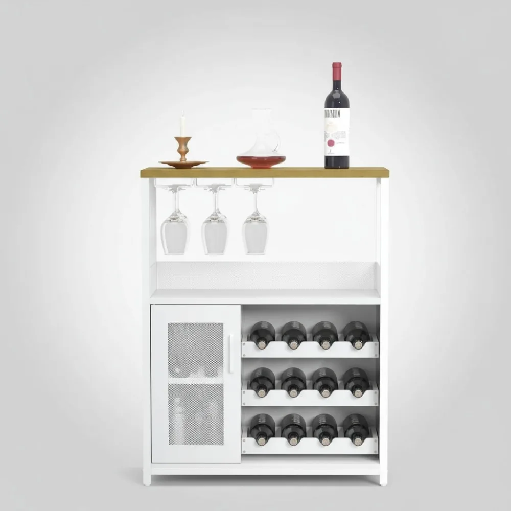 

Modern Wine Bar Cabinet with Detachable Rack, Glass Holder & Mesh Door - Kitchen Living Room Storage Solution