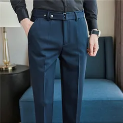 High Quality Dress Pants For Men Fashion Belt Design Pinstripes Suit Pant Korean Slim Fit Casual Formal Business Social Trousers