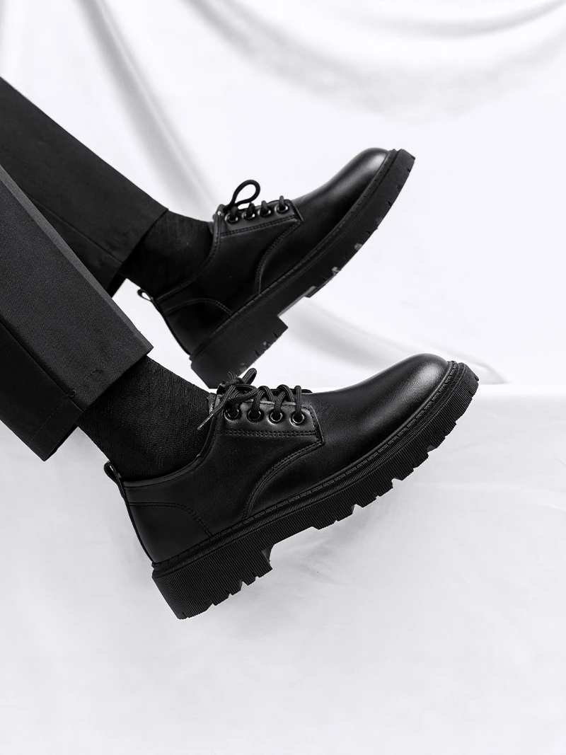 

Men's Black Shoes Spring Autumn Season Thick Bottom Casual Leather Shoes British Style Business Casual All-Match Shoes