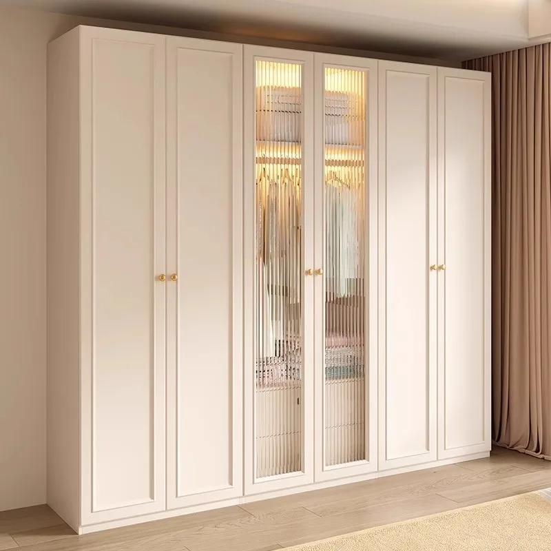 

#White modern wardrobe with glass doors, gold hardware, LED upholstery, large capacity bedroom storage furniture