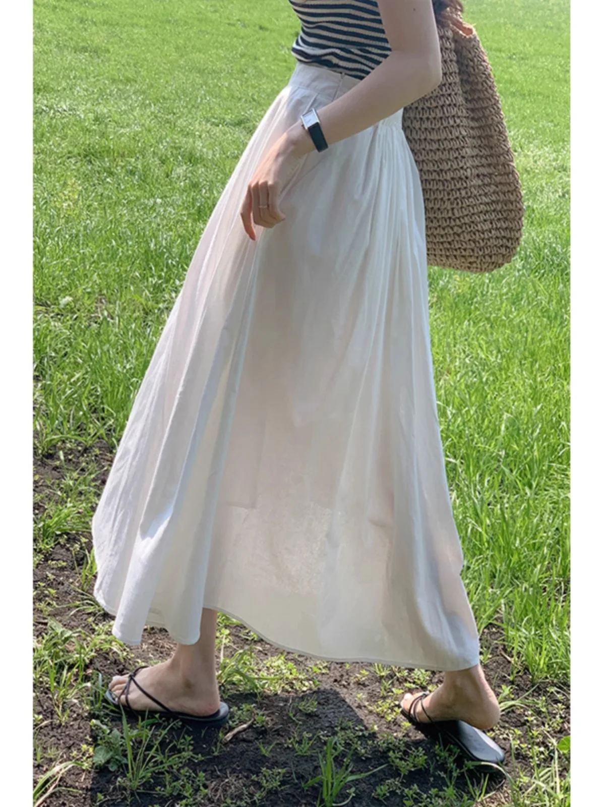 

White A-Line Midi Skirt Women's Summer High Waist Slimming Hip Covering Pleated Long Skirt Korean Sle Commute Faion