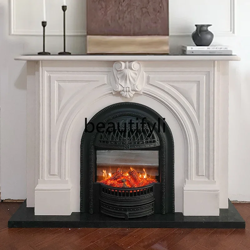 

Asmt56 Marble retro cream style French living room stone fireplace American modern simple stone carving fireplace decoration