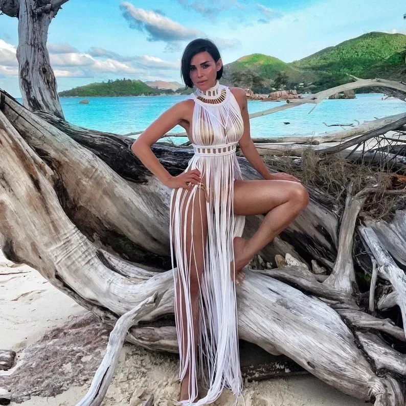 Ontwerp Sexy Kwastje Handgemaakt Griekse Godin Romeinse Dame Jurk Bohemia Roeping Strandfeest Eendelig Vestidos Dameskleding