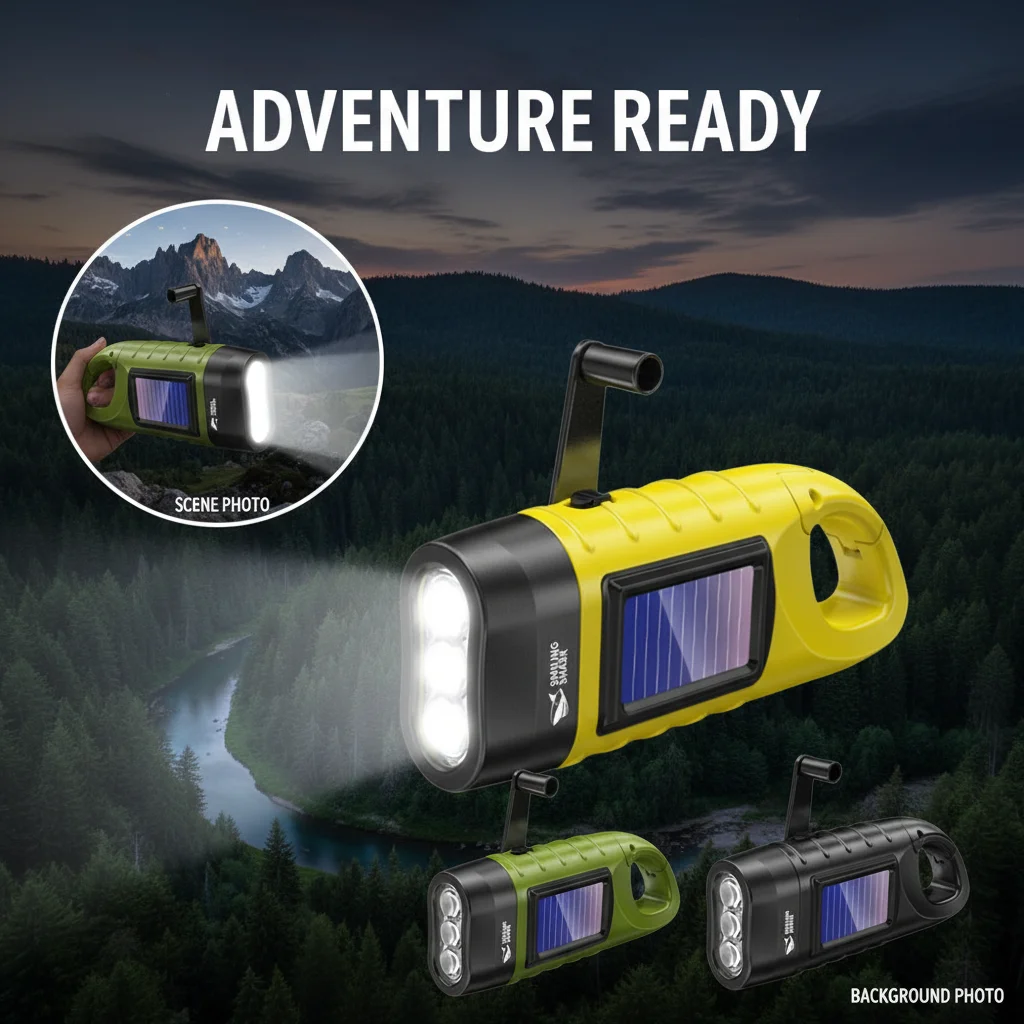 Portable 3LED Hand Crank Solar Powered Flashlight Upgrade Outdoor Emergency Lamp with Folding Buckle for Fishing Hiking