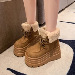 New Winter Chunky Casual Snow Shoes Woman 10CM High Platform Wedge Heels Warm Fur Sneakers Fashion Women Buckle Leather Shoes