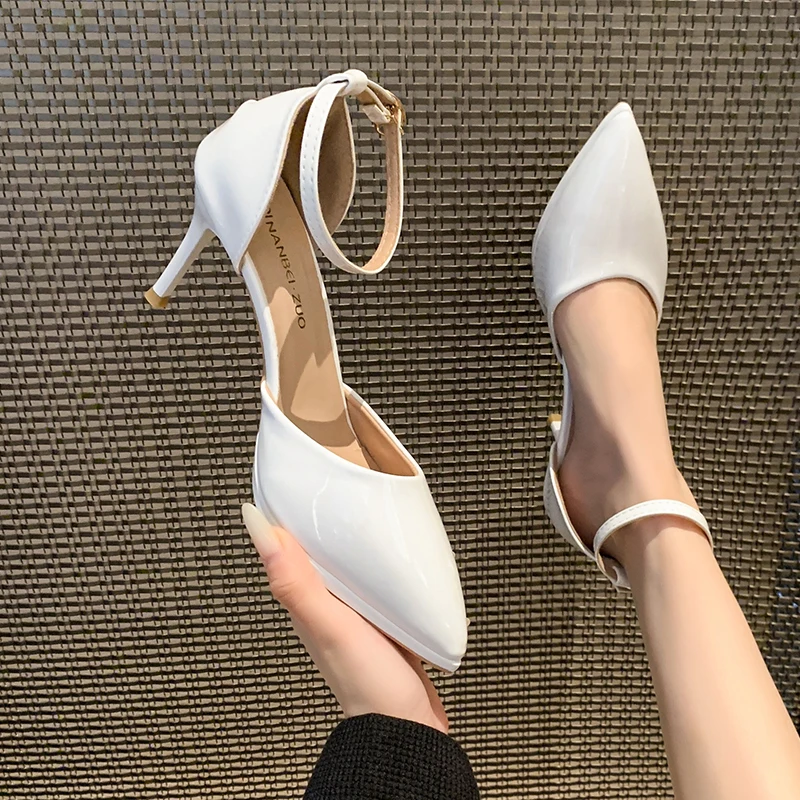 Womens High Heels One-line Buckle Thin Heel Pointed Toe Non-slip Spring Autumn White/apricot Casual Fashion Low Top Single Shoes