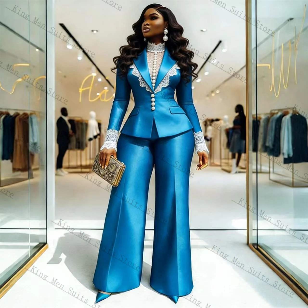 Blue Satin Lace Women Suit Set 2 Pcs Blazer+Pants Spring Autumn Customized Formal Office Lady Wedding Tuxedos Coat Jacket