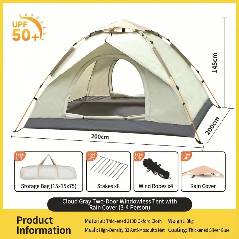 Cloud Gray Automatic Pop Up Tent 2 Person Portable Beach Awning UPF50 Plus Silver Coating Lightweight Instant Setup Shelter