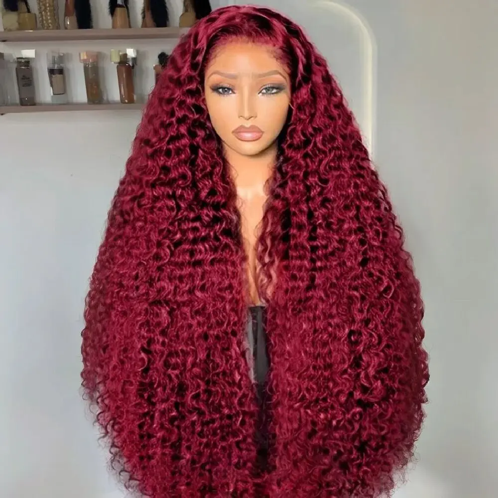 

32 34 Inch 99J Burgundy 13x4 HD Lace Front Human Hair Wig 99j Colored Deep Wave Wig Brazilian Human Hair 200% Density Lace Wig