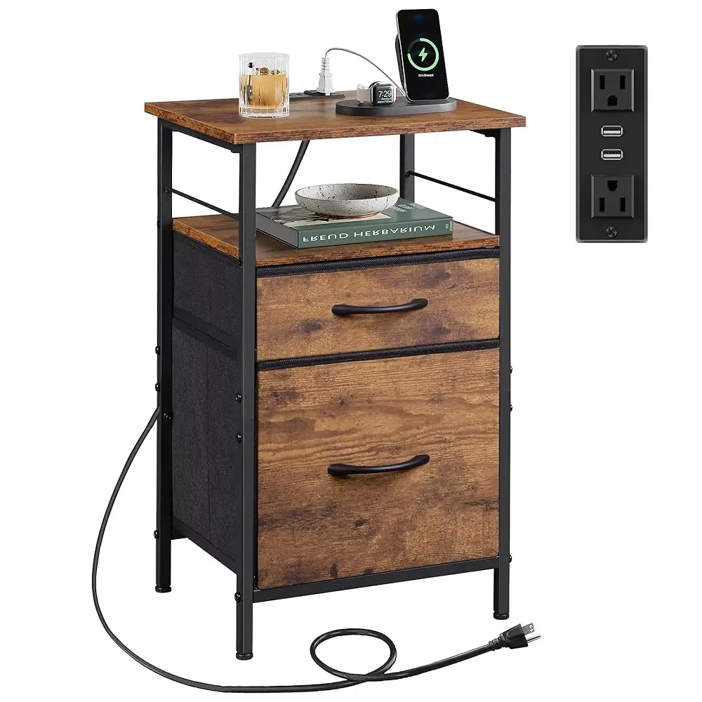 

Nightstand With Charging Station, End Table With 2 Fabric Drawers For Storage, Small Bedroom Dresser, Bed Side Table, 2 Usb
