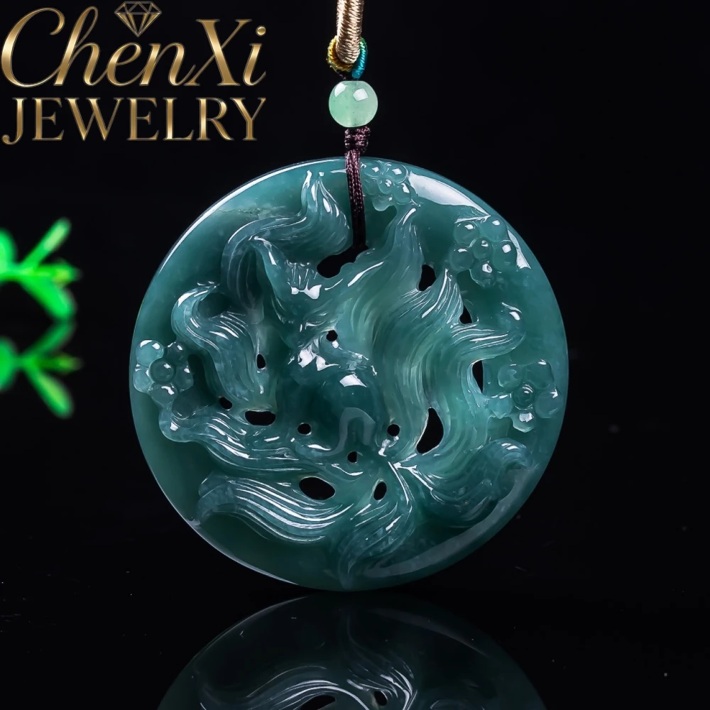 Natural Blue Water Ice Type A-Grade Jadeite Exquisite Artistic Nine-Tailed Fox Carving Design Stylish Jade Pendant Elegant Gift