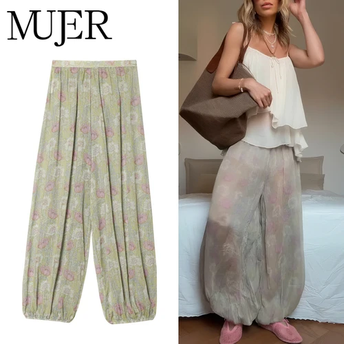 MUJER 2025 pantalones holgados florales, pantalones bombachos plisados para mujer, pantalones sueltos semitransparentes para mujer, pantalones de verano de cintura media para mujer