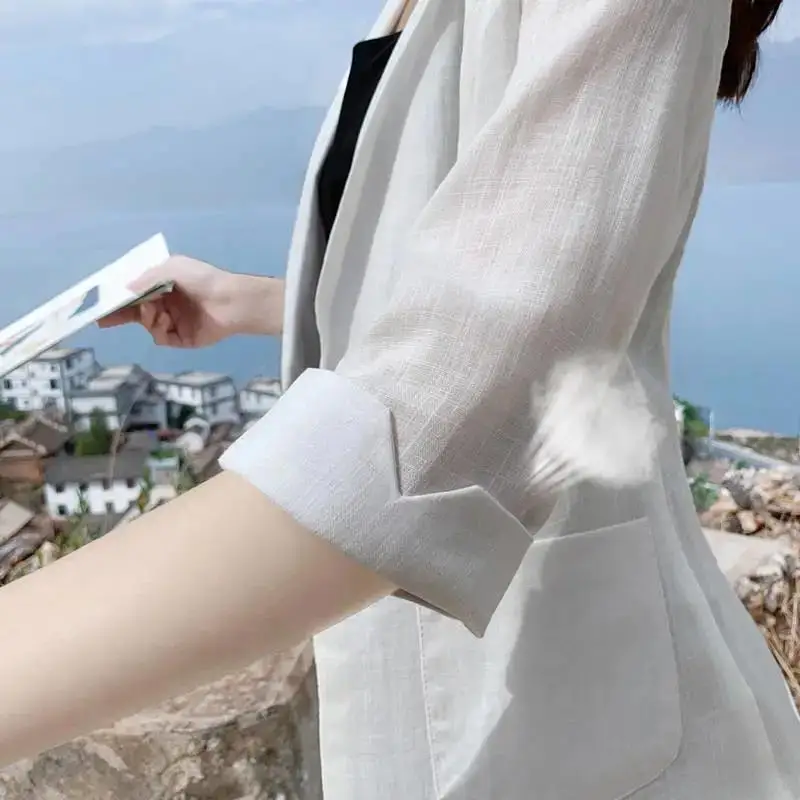 

Summer Thin Cotton Linen Casual Blouse Women's Short Length Button up Pure Color Commute Style Seven Sleeve Long Coat