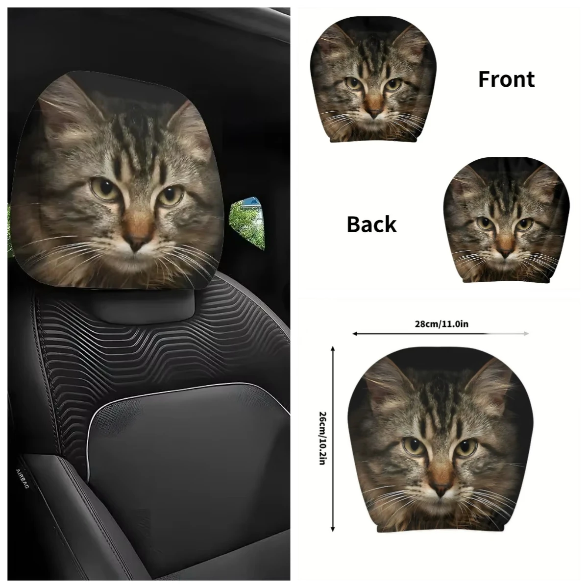 Exclusive holiday gift for pet lovers:cute tiger-striped cat breathable car headrest covers 2pccs, suitable for all seasons