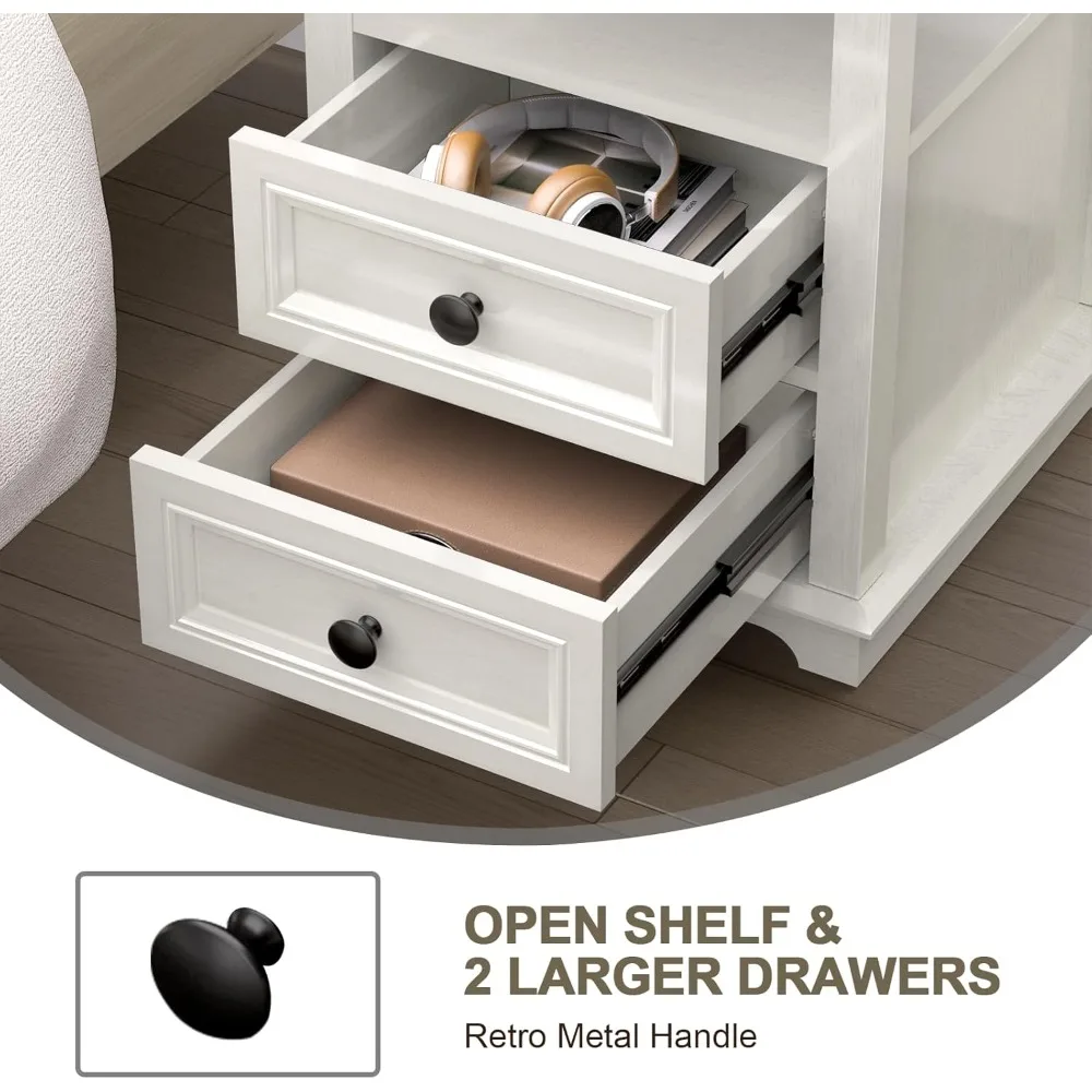 طاولة جانبية للتخزين الخشبية الريفية مع شحن وأدراج USB-C