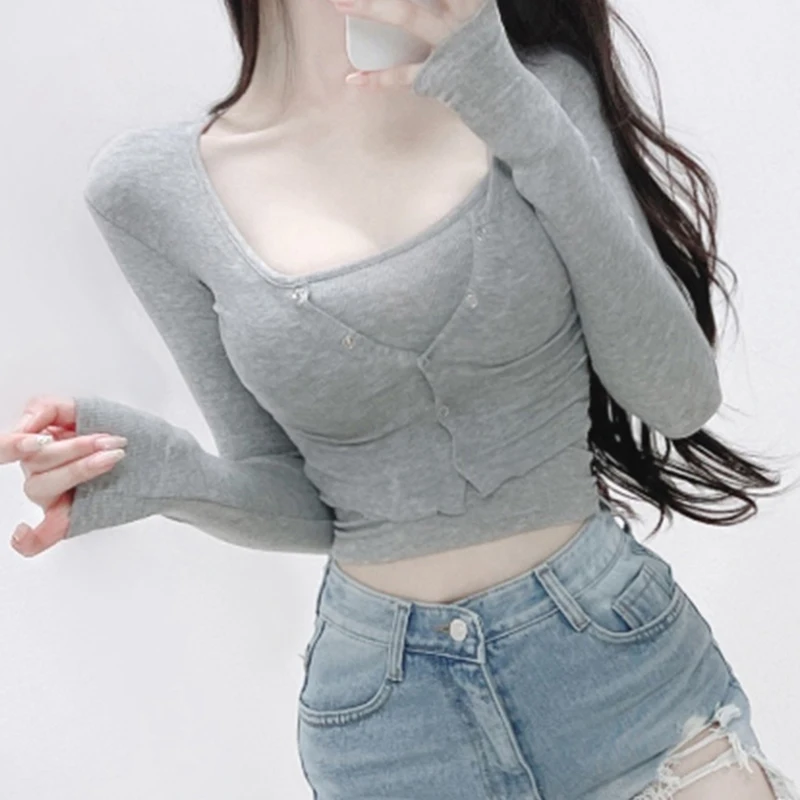 Summer Solid O Neck T Shirts Women Long Sleeve Short Crop Tops + Camis Ladies Casual Tees Female Shirts Two Pieces