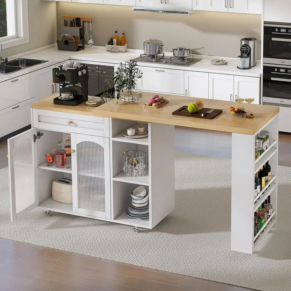 

Adjustable 71.1 White Kitchen Island with 360° Swivel Top, Mobile Wheels & Storage Shelves