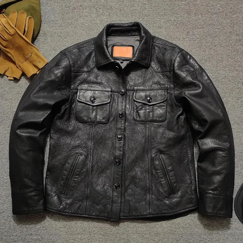 YR!Wholesales.Men Black Rough goatskin pattern jacket.Japanese style.slim fashion leather coat.Natural quality cloth