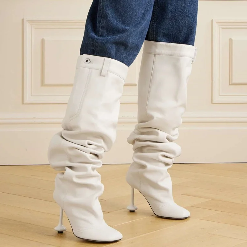 Stragne Stil Plissee Slouchy Hosen Stiefel Sexy Karree Matte Leder Maßgeschneiderte Neuheiten Mode Frauen Moderne Stiefel