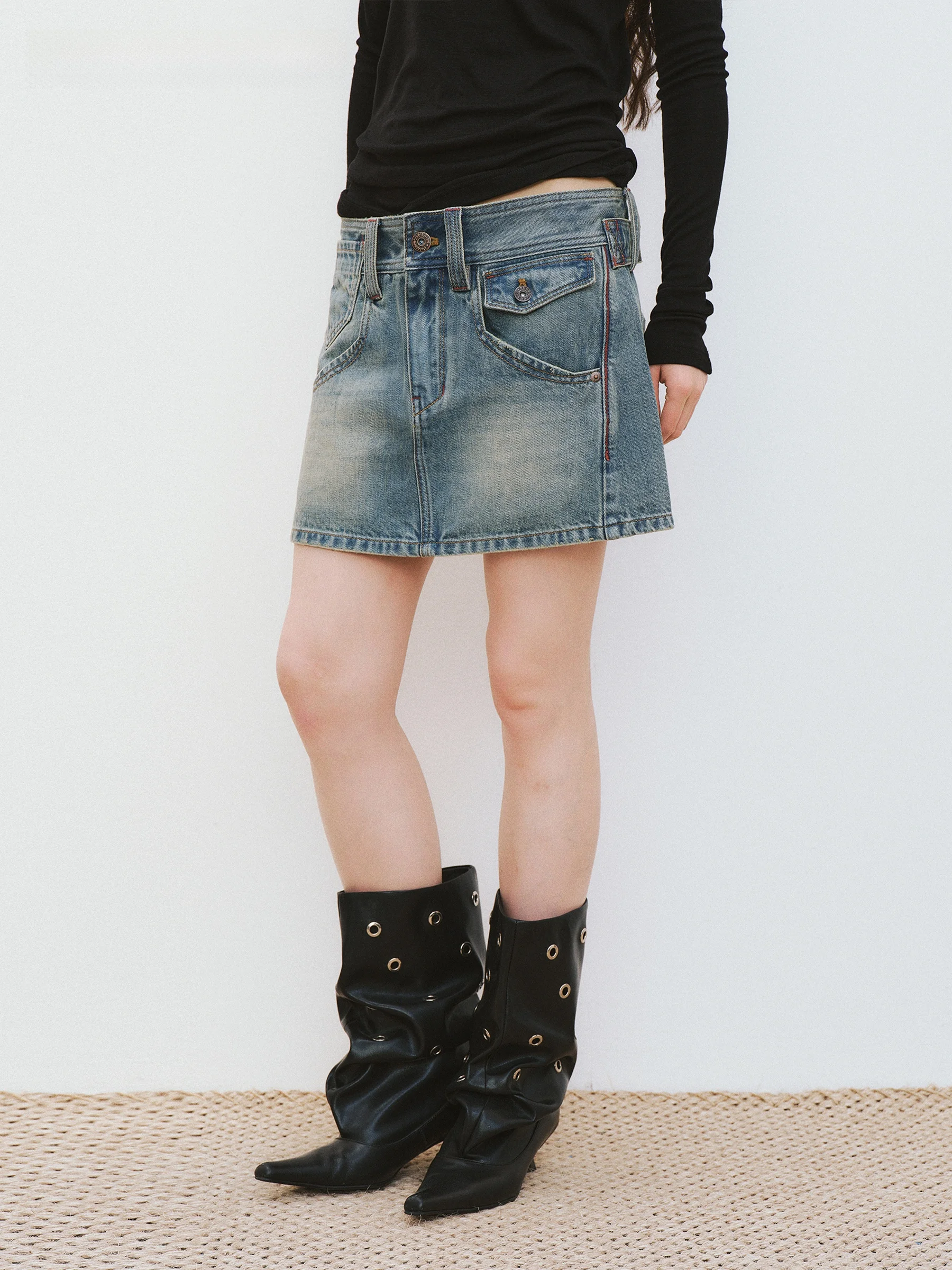 VERMO Textured Denim Retro Washed Mid-Low Waist Square Cut Short Half Skirt Women's Fashion Spring 2026 China Made A-Line Skirt