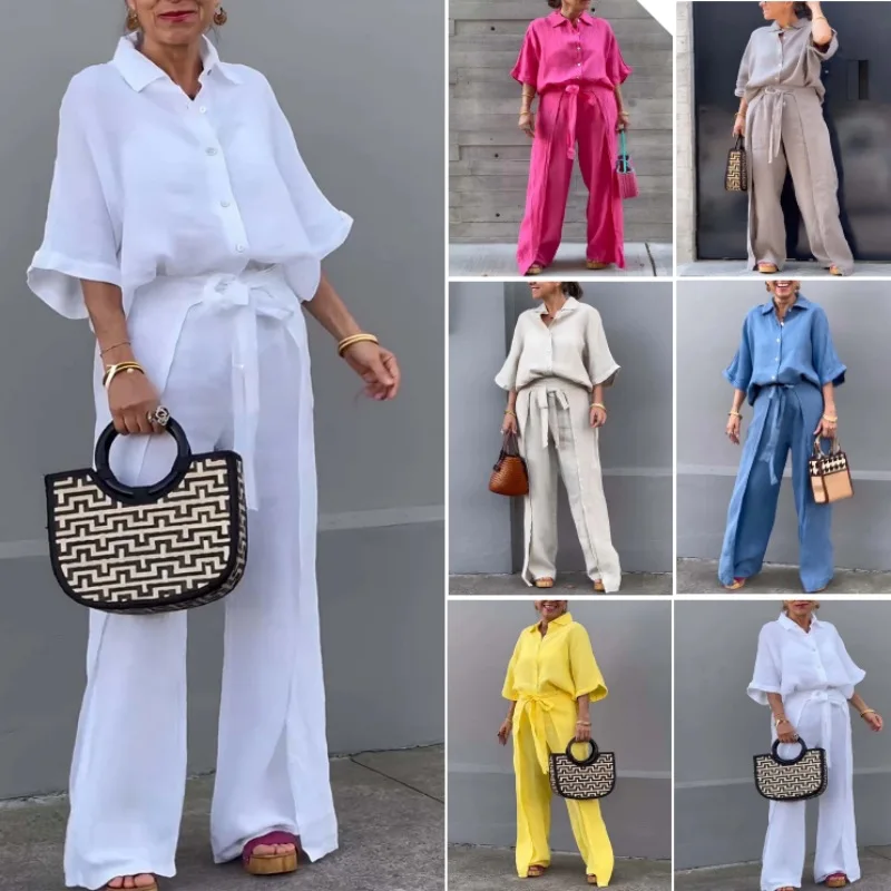 Modest Women Muslim Lace Up Shirt Wide Leg Pants Suit Ramadan Two Piece Set Morocco Dubai Islam Casual Ensemble Arabic Outfits