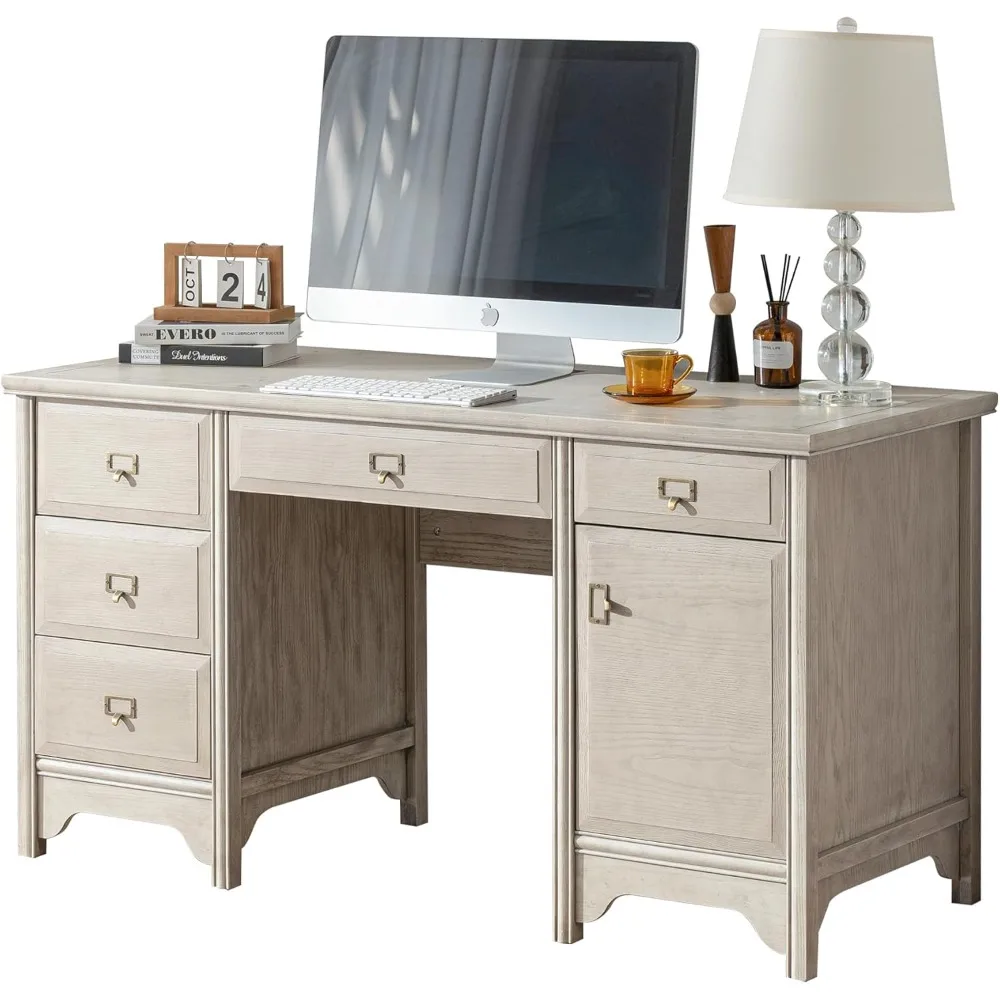 مكتب تنفيذي من الخشب الصلب مقاس 55 بوصة، مكتب كمبيوتر مكتبي للمزرعة مع 5 أدراج وخزانة تخزين، طاولة كتابة خشبية للمنزل