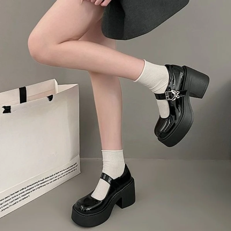 

Women's British Style Mary Jane Shoes 2025 New Design Black JK Style Thick Sole High Heel Height Increasing Lift Single Layer