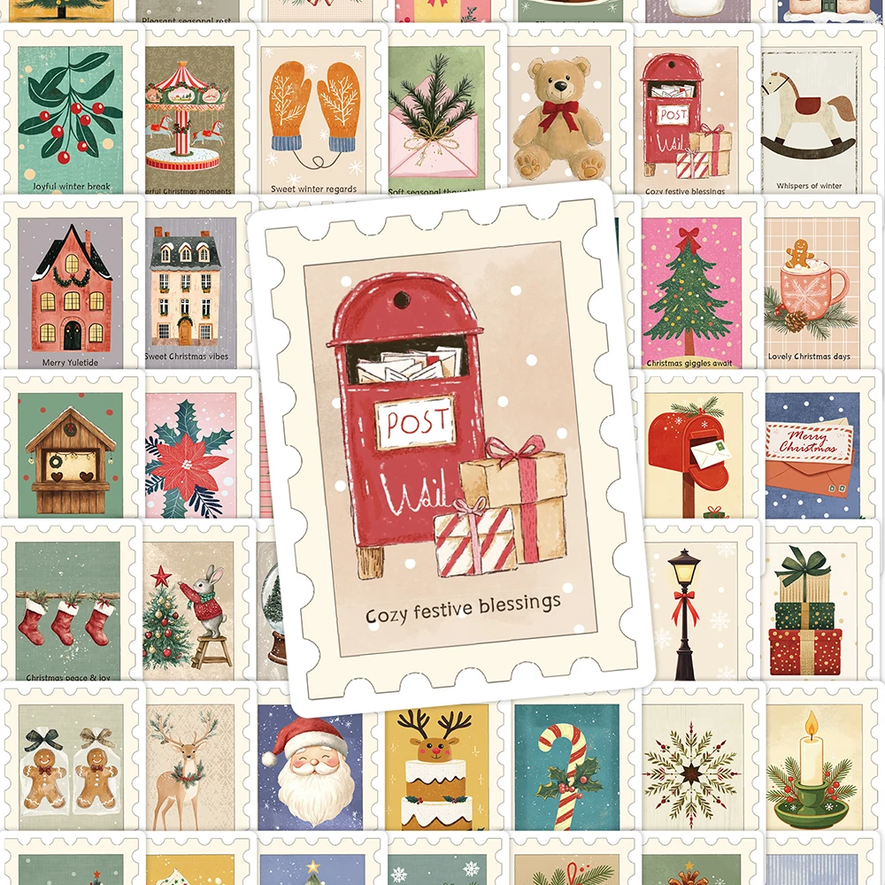 50Pcs Vintage Christmas Stamp Stickers Pack Retro Xmas Postage Style Waterproof Decals for Laptop Water Bottle Luggage Scrapbook