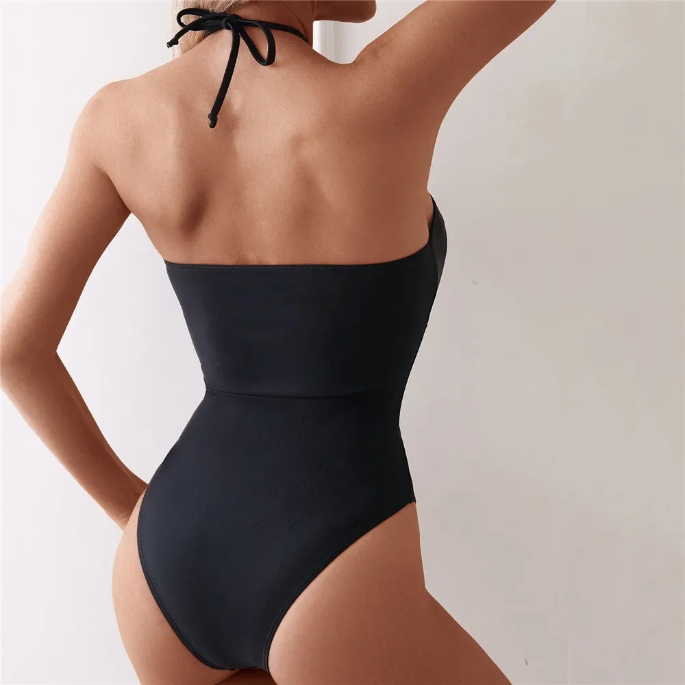 Sexy Zwarte String Halter Hollow Out Badmode Eendelig Badpak Vrouwen 2025, Uitgesneden Monokini Badpak Hoge Cut Zwemkleding