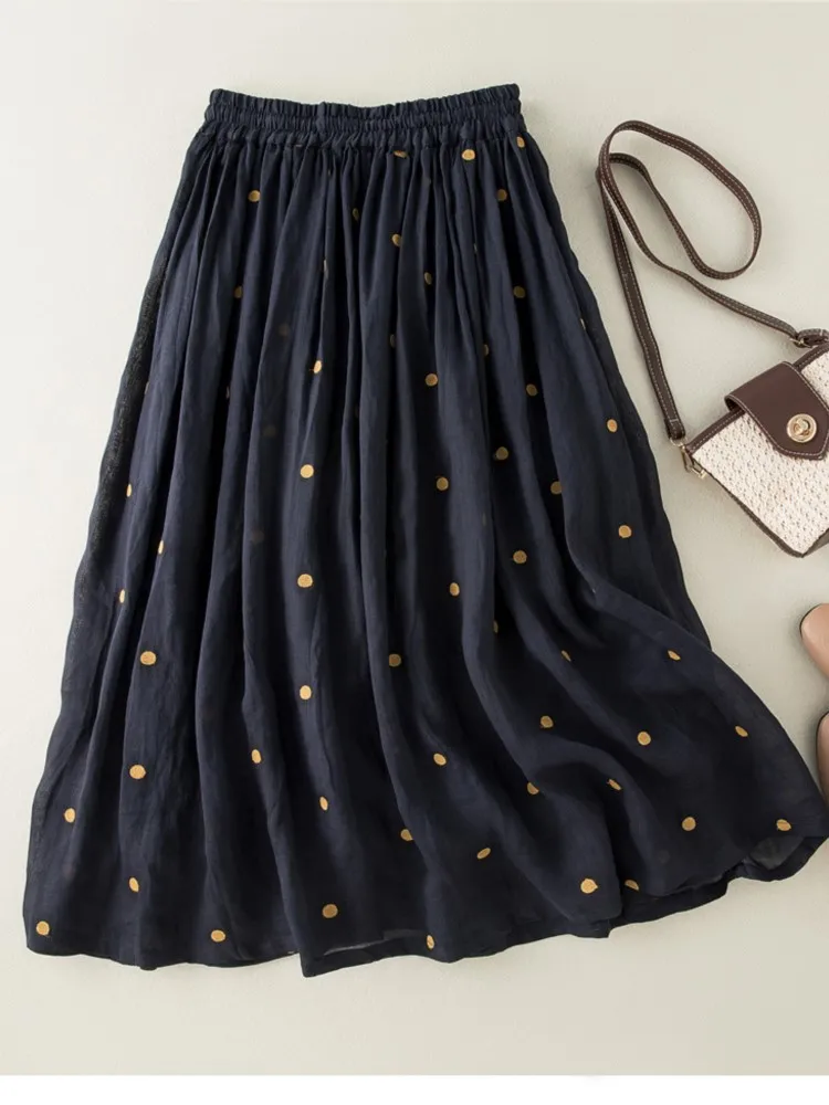 Vintage Polka Dot Cotton Linen Skirt Women Drawstring Elastic Waist A-Line Casual Loose Big Swing Pleated Skirts Summer Vestidos