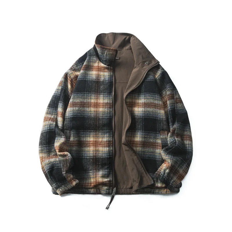 

Double-Sided Wearable Harlanston Plaid Baseball Jaet Men's Trendy Haome Loose Fit ort Coat Spring Autumn Casual Wear