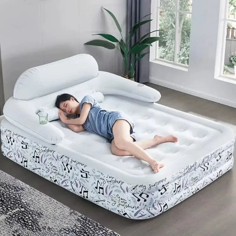 Double Inflatable Air Mattress with Backrest Flocked PVC Portable Bed for Home Outdoor Camping Travel Sleeping Pad Blow Up