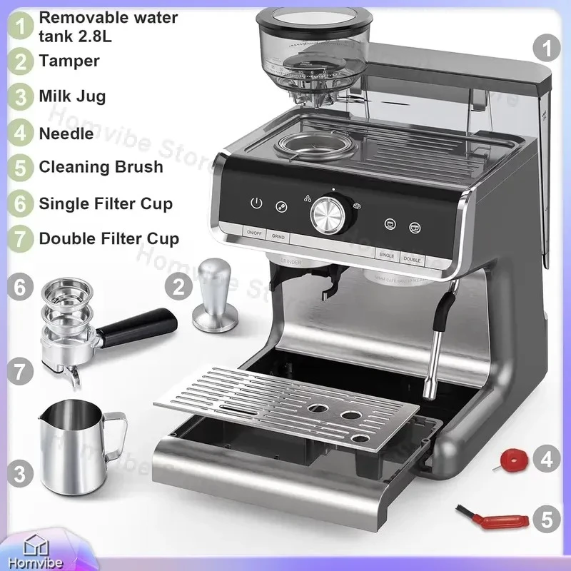 

Stainless Steel Espresso Machine with Milk Frother and Grinder 20 Bar Pressure Coffee Maker for Home Kitchen 2.8L Water Tank