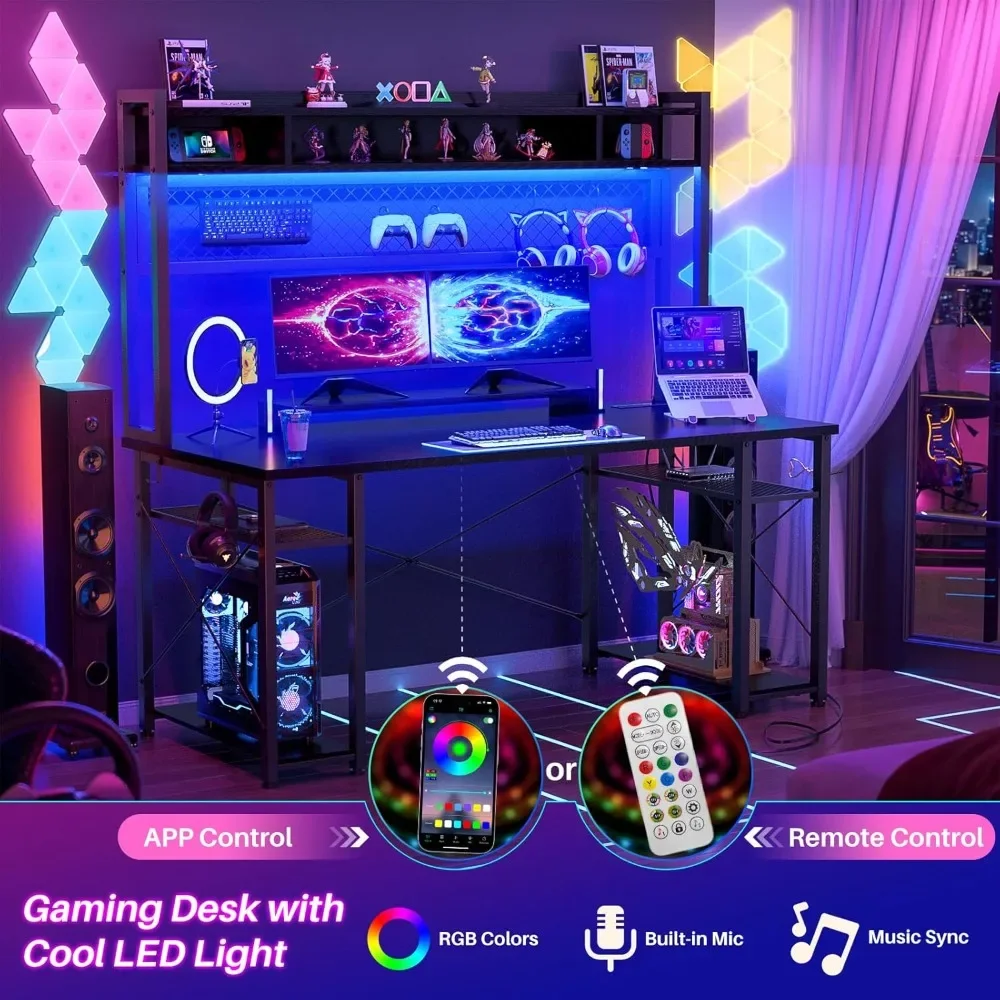 "مكتب ألعاب معزز 2024 مزود بكرة، مكتب كمبيوتر مضاء بإضاءة LED مقاس 55.2 بوصة مع منافذ، مكتب محطة عمل قابل للعكس مع p"
